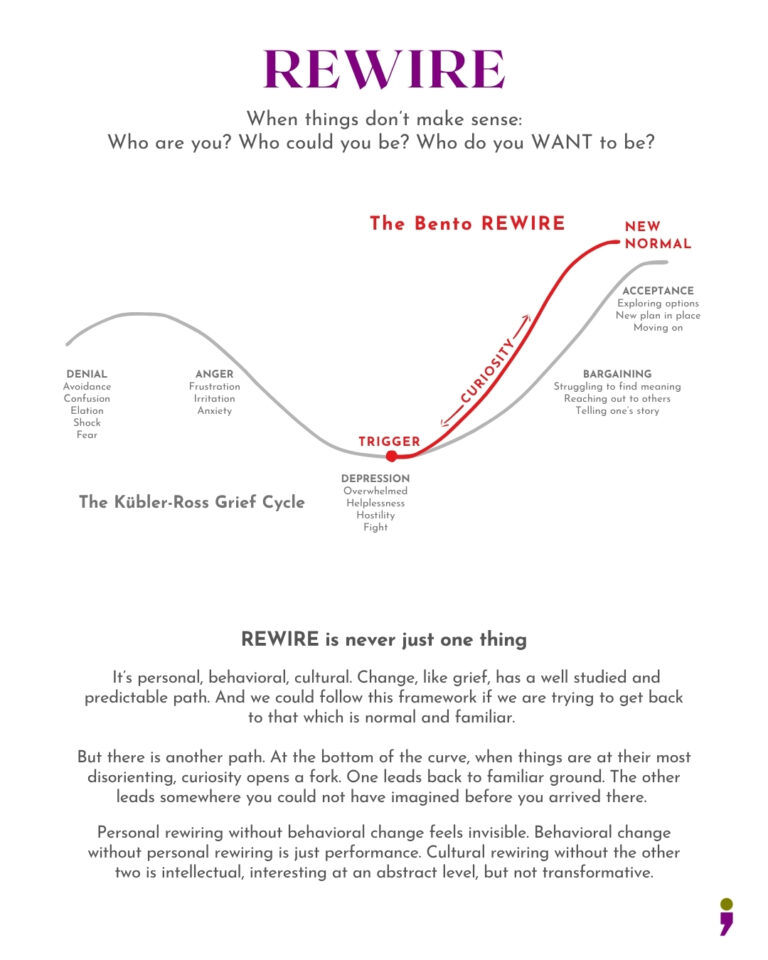 Graphical recreation of Kubler-Ross Grief cycle with a fork in the path that triggers Curiosity, leading to a steeper climb, and a New Normal.