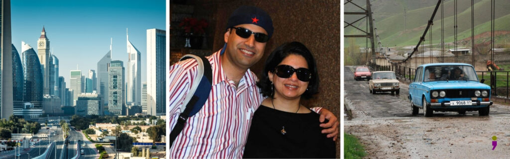 Picture composite with skyline of Dubai, picture of old cars in Dushanbe, and Anjani Gandhi & Vishal Mehra