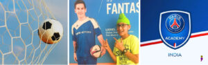 Image of a soccer ball in a net, the logo of Paris Saint Germain Academy in India, and a young Gurkaranbir Singh Sujlana