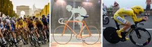 Images of bicyclist in Tour de France, Eddy Merckx's bike at the Eddy Merckx Metro Station in Brussels, and Slovenian rider Tadej Pogacar