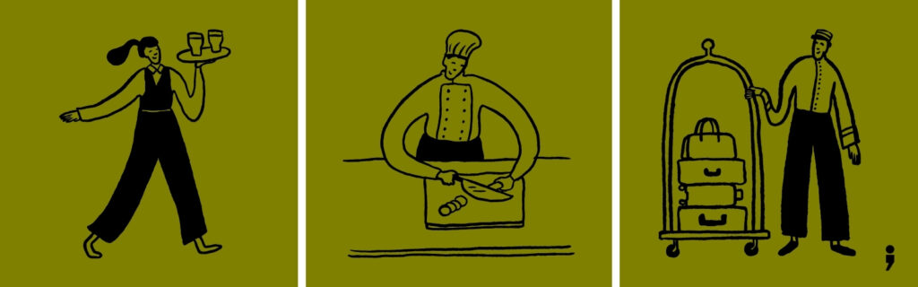 Graphic images of hotel team members, restaurant server, chef, bell hop