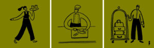Graphic images of hotel team members, restaurant server, chef, bell hop